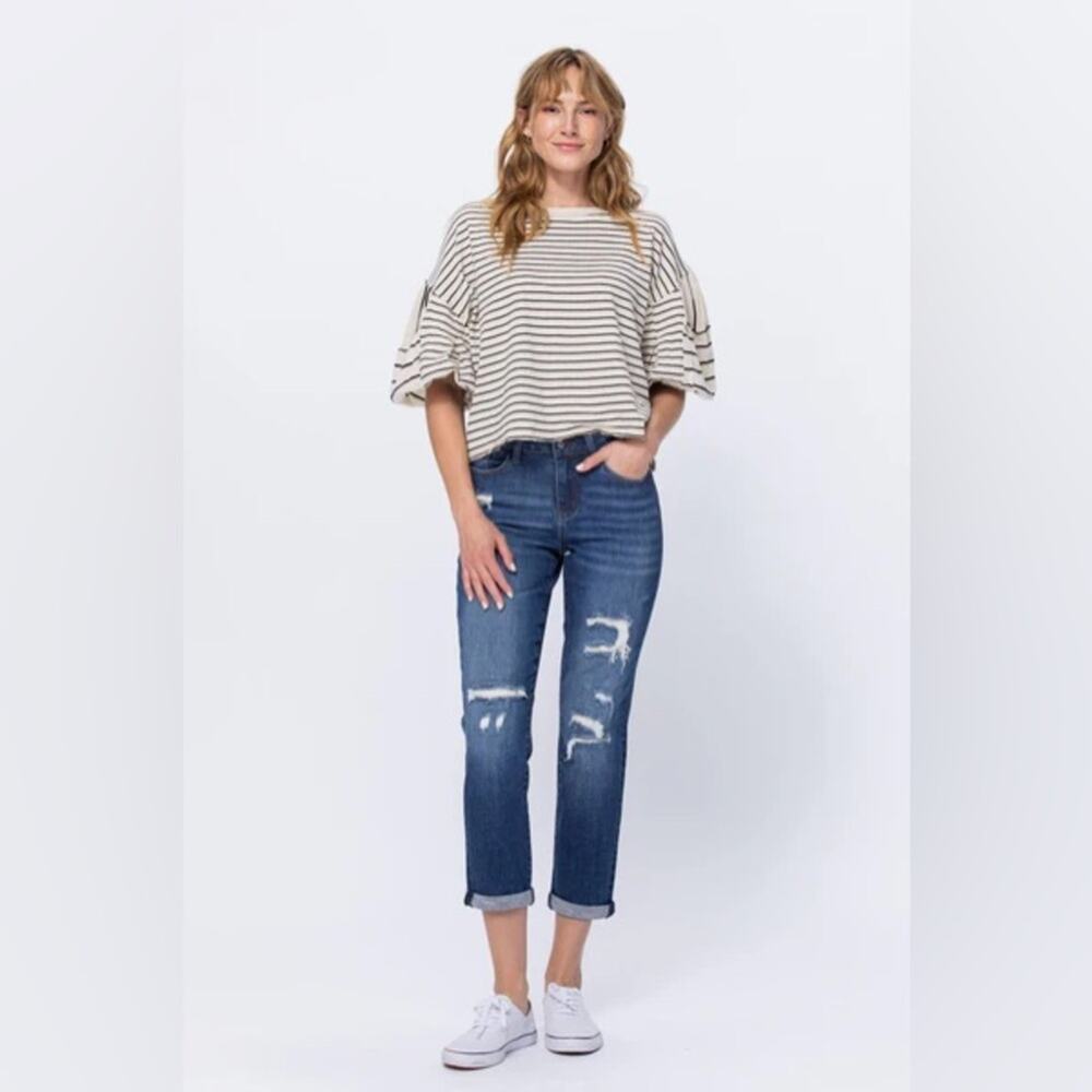 Judy Blue Jeans Women’s 27 Blue Aggie Mid-Rise Thermal Patch Boyfriend Fit